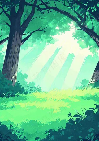 春意盎然的树林里阳光洒下绿草茵茵的水彩画