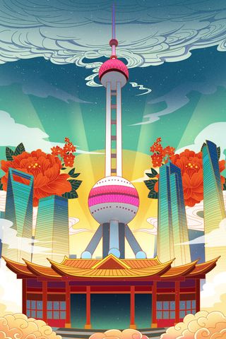 中国风国潮古建筑地标城市古风建筑阁楼印象地标手绘插画PSD素材