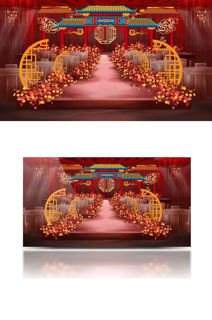 大气中国风浪漫红色中式婚礼舞台设计