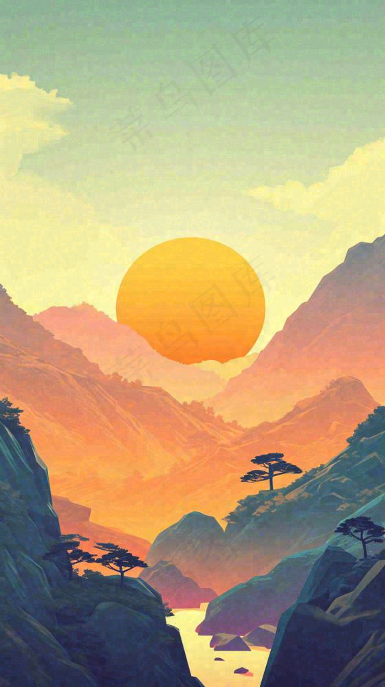 落日山脉河流小溪扁平手绘插画，旅行游玩登山郊游(816x1456)