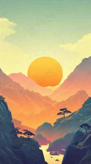 落日山脉河流小溪扁平手绘插画,旅行游玩登山郊游 落日山脉河流小溪扁平手绘插画,旅行游玩登山郊游