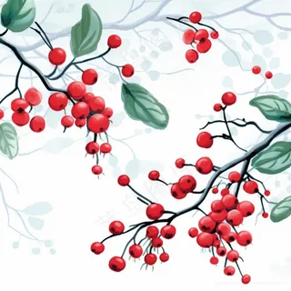 树枝上的红色果实小清新植物水墨画插画素材