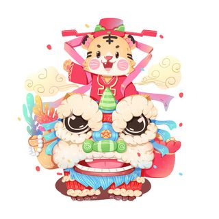 2022虎年吉祥物卡通公仔小老虎形象设计福字元素手绘插画psd素材