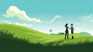 情侣在草原山坡上风吹白云蓝天卡通插画素材