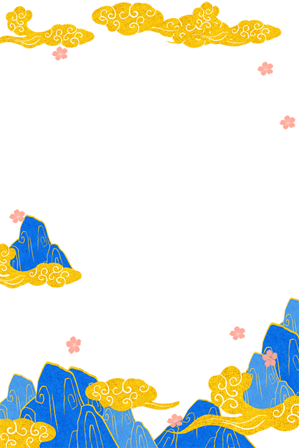国潮手绘古风海浪花朵祥云装饰边框相框免抠