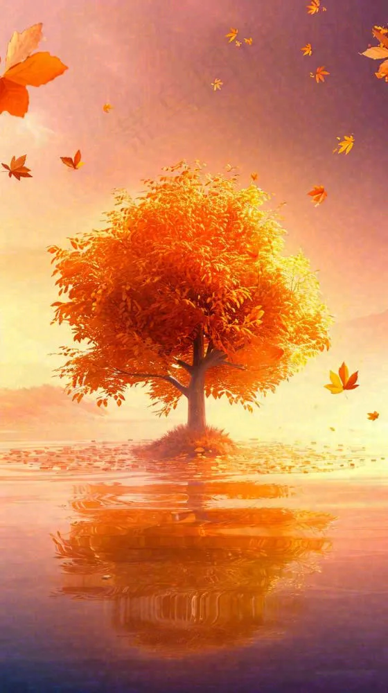 秋天树木的秋叶在河面上飘扬，金黄色温馨，秋分(816x1456)