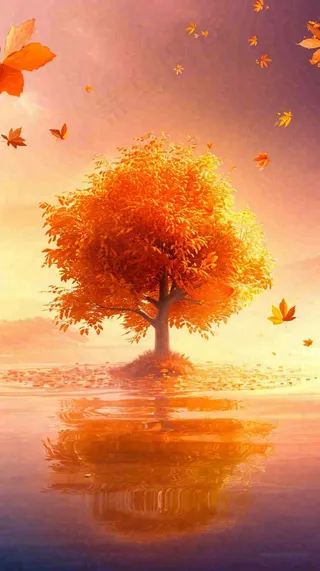 秋天树木的秋叶在河面上飘扬，金黄色温馨，秋分