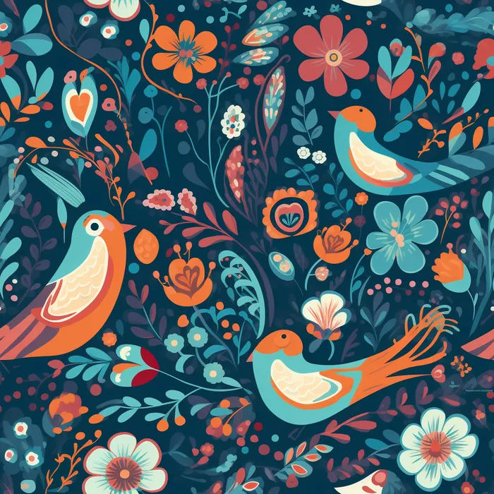 花鸟图，插画风格，无缝贴图，素材