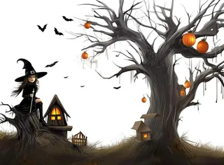 万圣节城堡树枝黑暗恐怖插画免抠