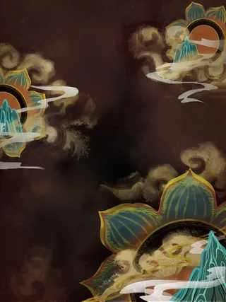 国潮中国风复古敦煌岩彩山水祥云插画烫金肌理背景PSD设计素材