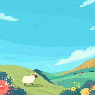 春天清新蓝天白云草地绵羊花朵扁平插画手绘