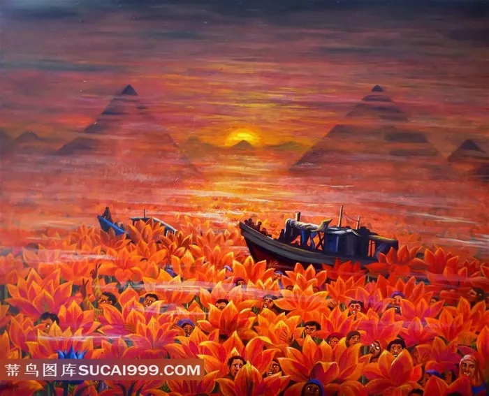 梦幻鲜花小船油画