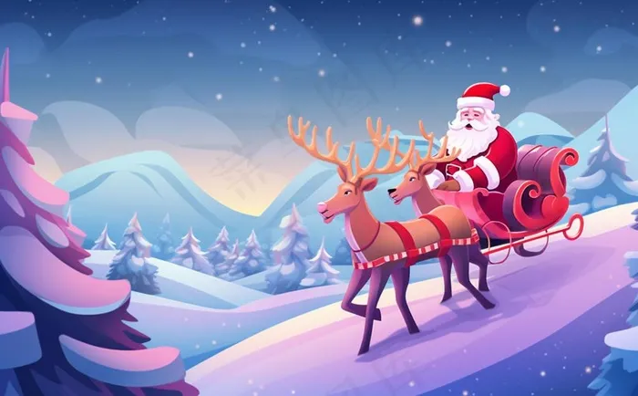 圣诞老人驯鹿拉雪橇卡通插画素材背景(1392x864)