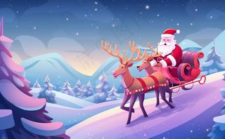 圣诞老人驯鹿拉雪橇卡通插画素材背景