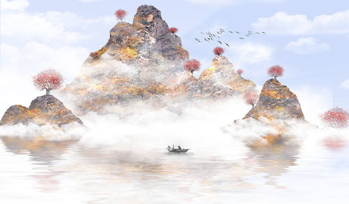 山峰渔夫风光绘画PSD素材