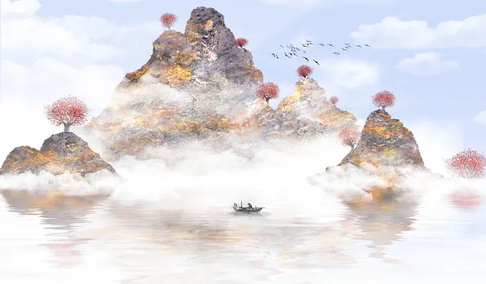 山峰渔夫风光绘画PSD素材