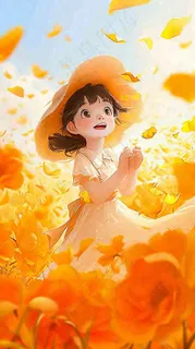 秋天温馨秋叶可爱少女插画，秋分小麦