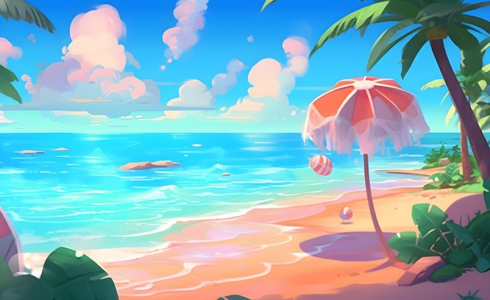 海边度假沙滩椰树冲浪天空插画背景(3600x2208)