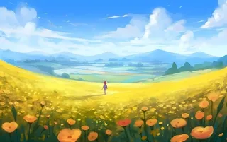 蓝天白云草坪草原人物黄色花朵手绘插画海报素材背景