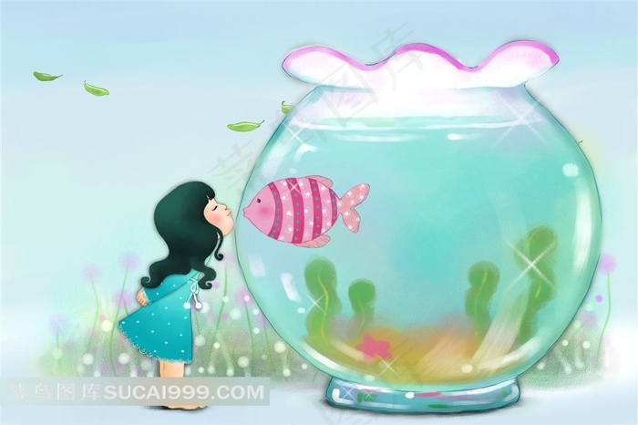 可爱小女孩亲亲鱼海底世界