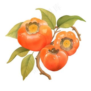 秋日柿子水果水彩画免抠