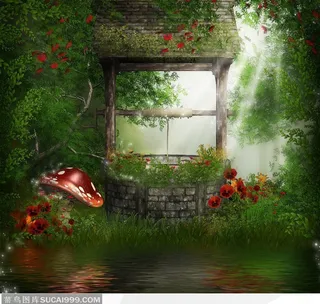 树林深处的古井潮流背景素材