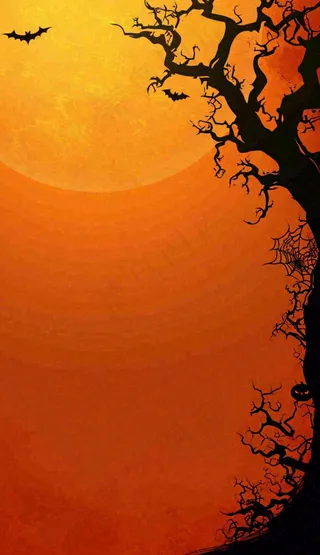 万圣节夜晚恐怖树枝橙黄色暗黑，西方节日