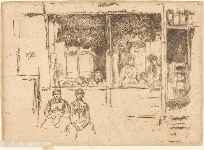 惠斯勒素描乡村房子美景