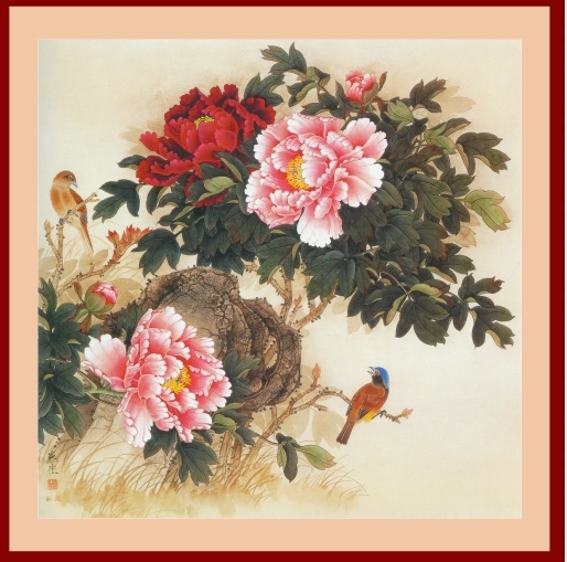 花鸟牡丹花油画背景墙