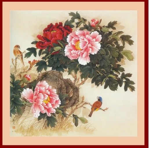 花鸟牡丹花油画背景墙psd模版下载