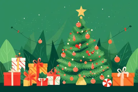 圣诞树礼盒节日卡通插画绿色背景