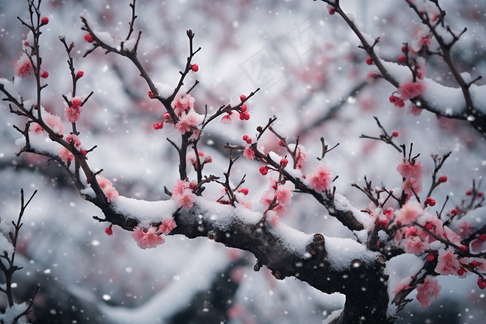 冬季梅花树枝白雪覆盖雪景摄影图(4032x2688)