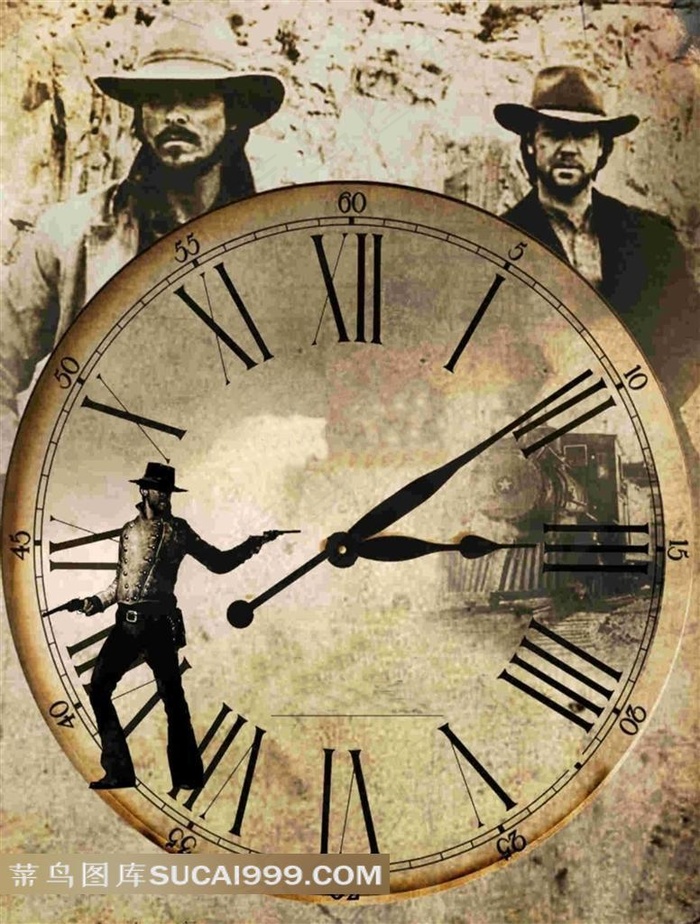 钟表上持双枪的人创意海报