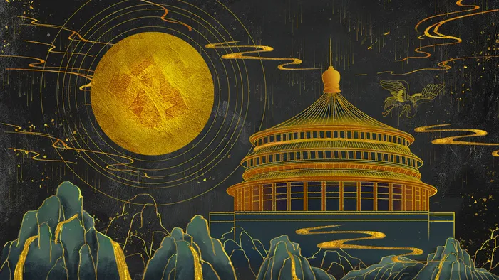 复古中国风国潮手绘烫金仙鹤锦鲤凤凰建筑黑金线描插画PS设计素材psd模版下载
