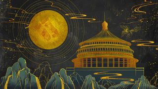 复古中国风国潮手绘烫金仙鹤锦鲤凤凰建筑黑金线描插画PS设计素材