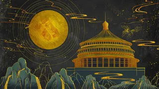 复古中国风国潮手绘烫金仙鹤锦鲤凤凰建筑黑金线描插画PS设计素材