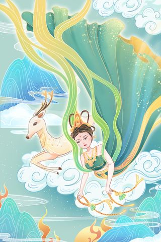 复古中国风国潮神话人物敦煌插画仙女手绘海报背景PSD设计素材