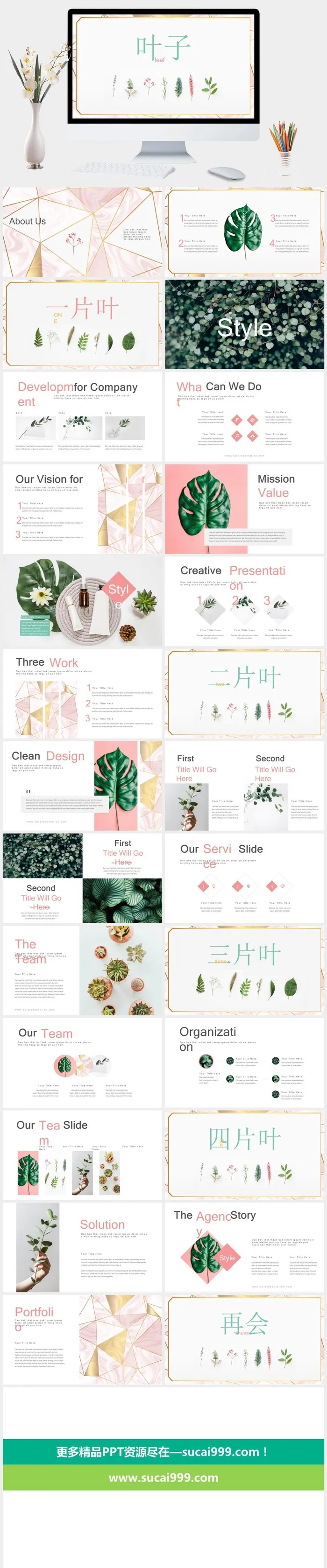 创意淡雅清新叶子PPT模板