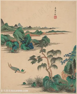 明代画家王鉴摹赵文敏仿古山水图国画图片