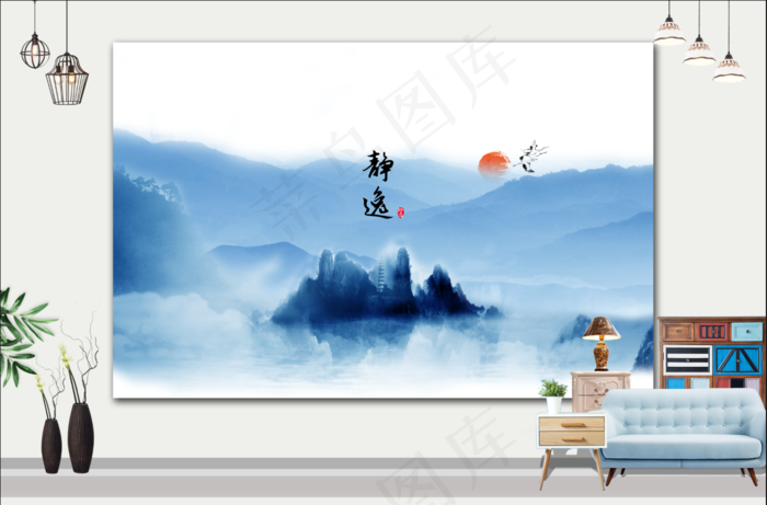 中国风山水花鸟日出帆船鸿运当头客厅卧室玄关画酒店装饰画壁画挂画