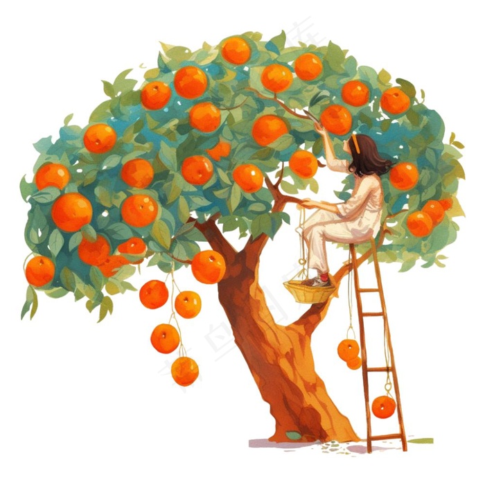 秋季爬梯摘水果的女孩橘子插画免抠(1024x1024)