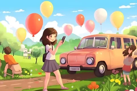 开车旅游草原花草人物卡通插画背景