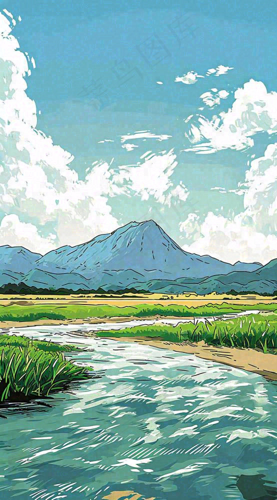 春天阳光灿烂远处的高山和田野春意盎然手绘卡通画(816x1472)