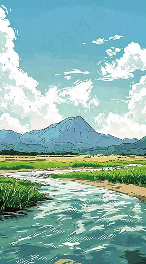 春天阳光灿烂远处的高山和田野春意盎然手绘卡通画