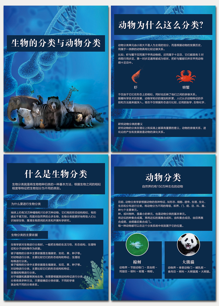 蓝色生物与动物的分类科普知识psd模版下载
