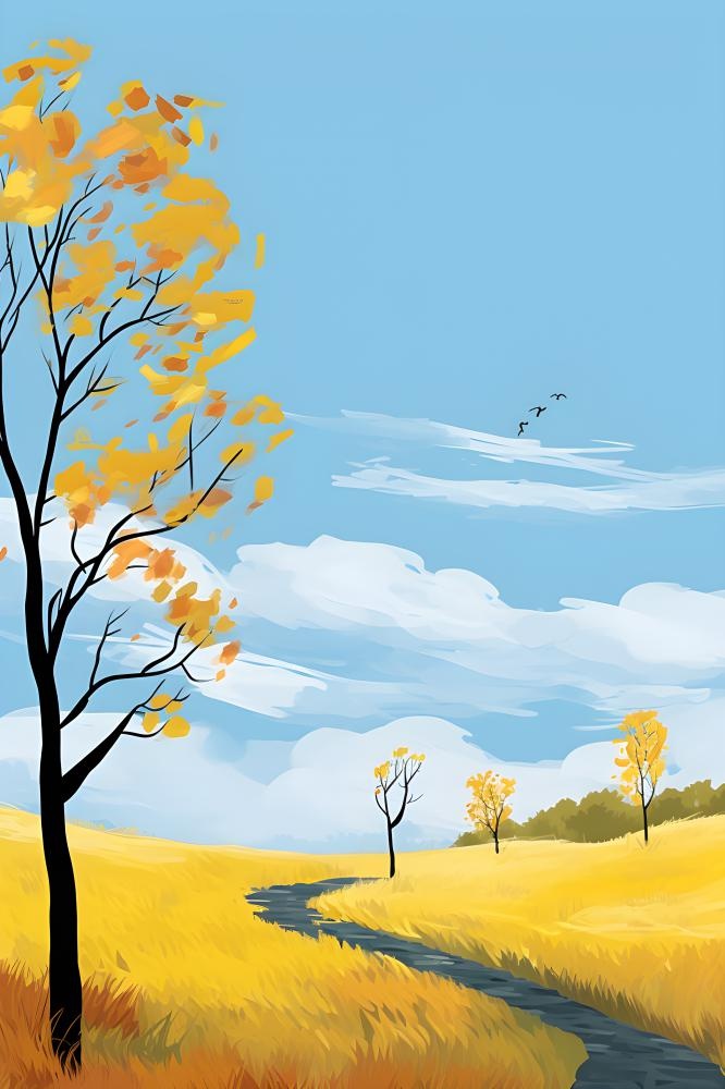 秋天清新天空树林插画黄色背景
