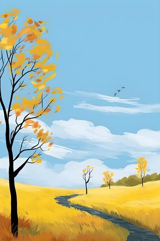 秋天清新天空树林插画黄色背景