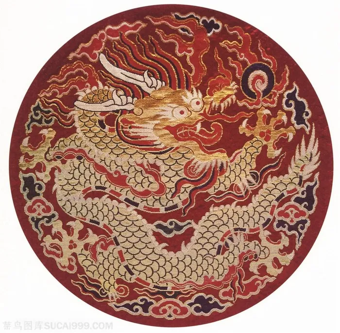 红色火龙喷火古代龙凤刺绣中国风图片