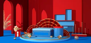 中国风国潮电商促销海报C4D背景图3D场景立体设计PSD素材模板