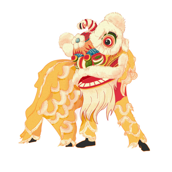 新年春节虎年元宵手绘人物舞狮卡通狮子头插画元素PSD设计素材psd模版下载